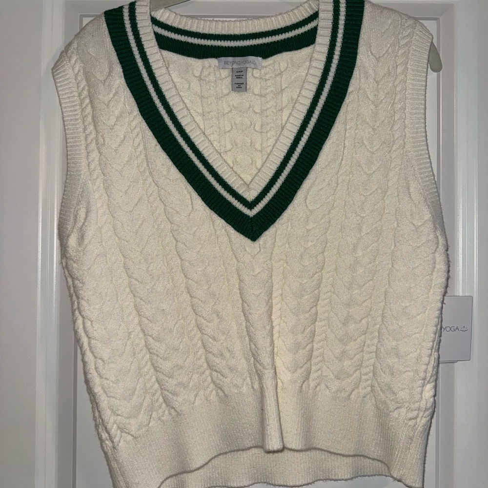 Beyond Yoga Cable Knit V-Neck Sweater Vest - Cream and Green